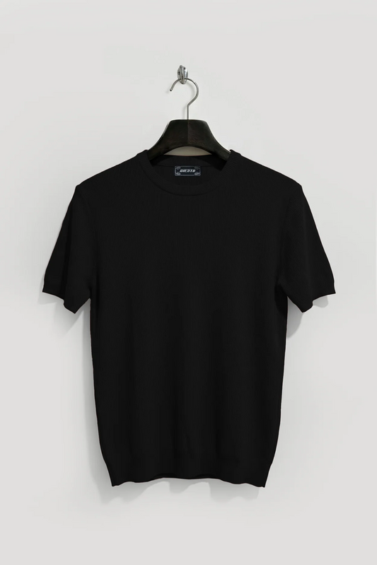 FİTİLLİ DOKULU SİYAH TRİKO T-SHIRT