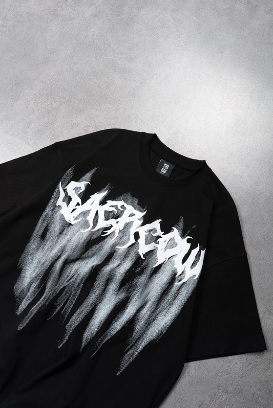 Saercow Baskılı Scribble Detay Premium Siyah Oversize Tişört