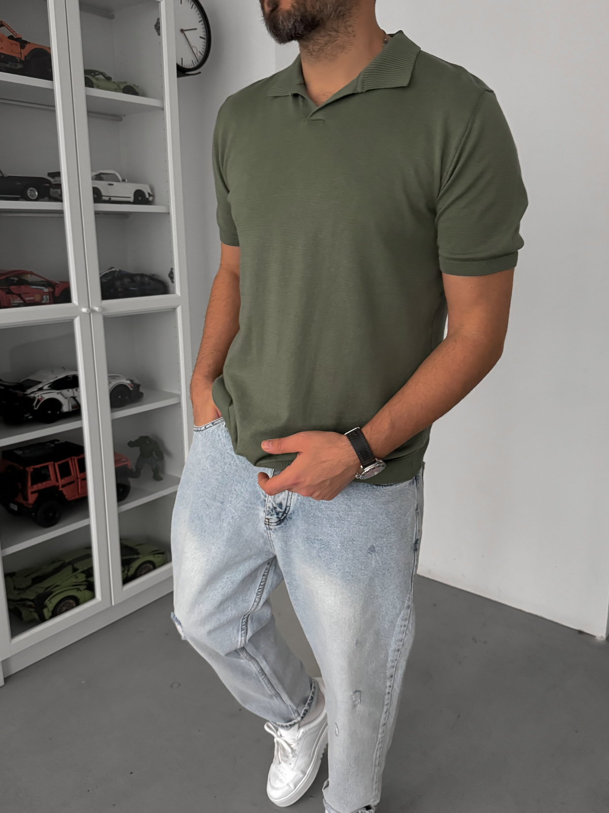 Basic Polo Yaka Triko T-Shirt Haki