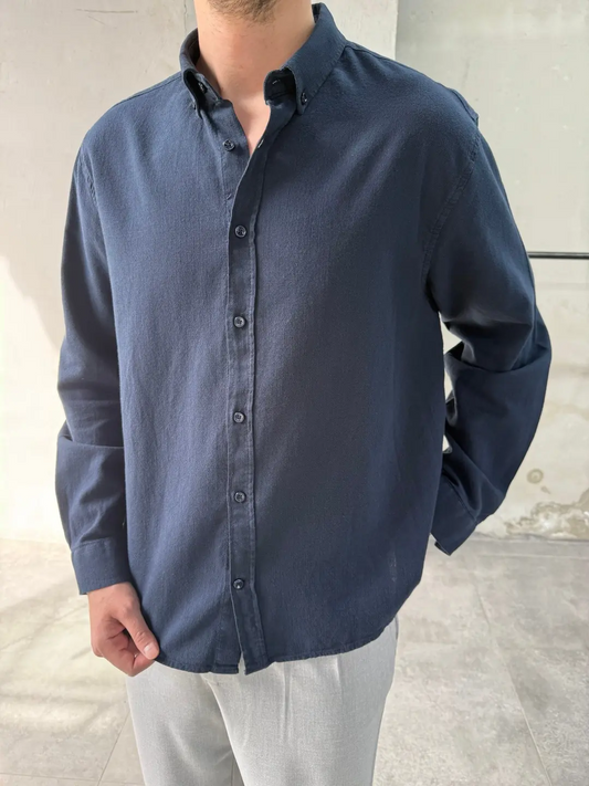 Rahat Kalıp Keten Pamuklu Lacivert Gömlek