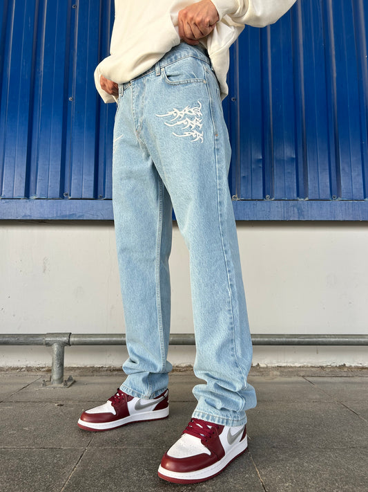 Açık Mavi Flame Tribal Nakış Detaylı Loose Fit Jean