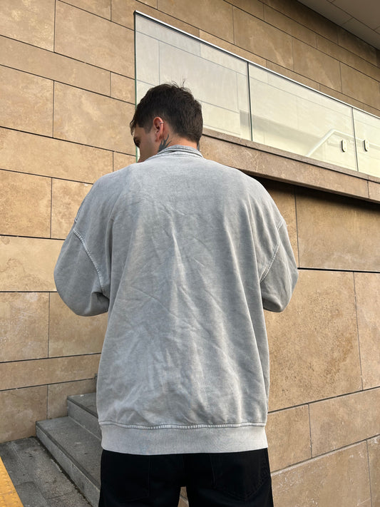 Açık Gri Yarım Fermuarlı Yıkamalı Sweat