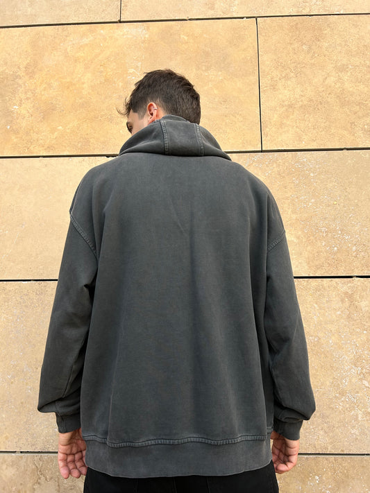 Koyu Gri Yıkamalı Kapüşonlu Oversize Sweatshirt
