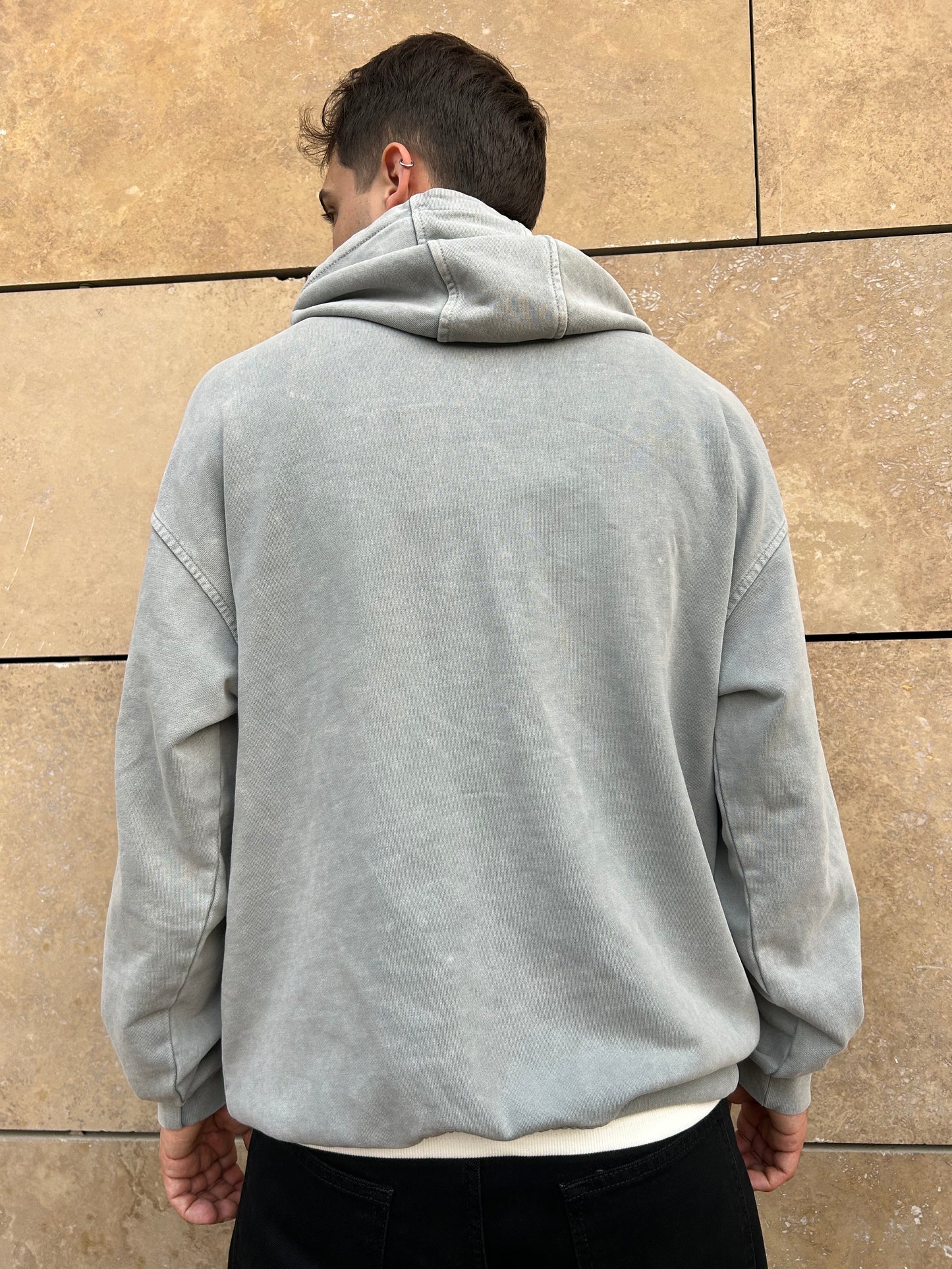 Açık Gri Yıkamalı Kapüşonlu Oversize Sweatshirt