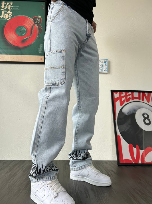 Flame Baskılı Buz Mavi Baggy Jean