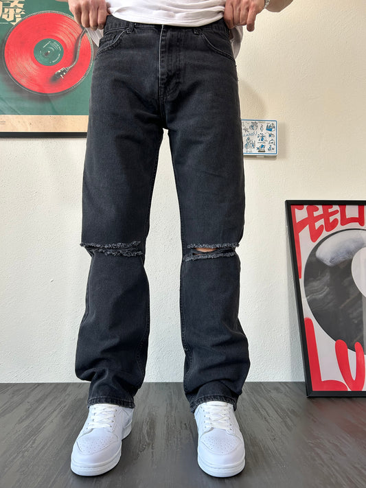 Dizi Yırtık Lazer Detay Füme Loose Fit Jean