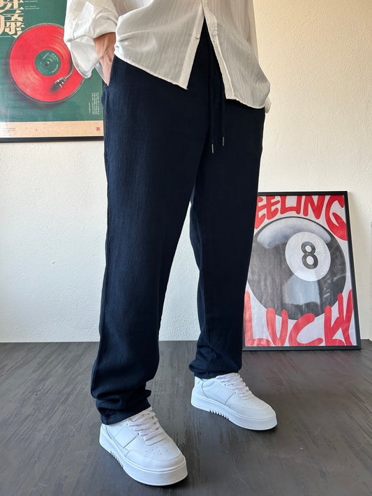 Relax Fit Kalıp Bağcıklı Lacivert Keten Pantolon