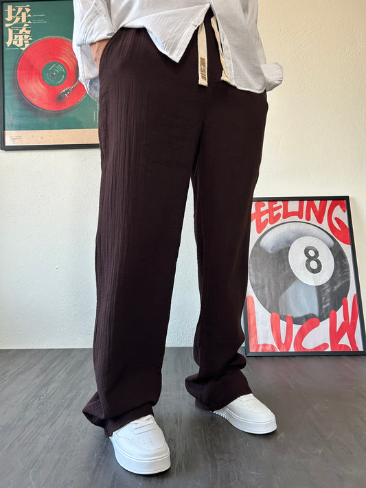 Kahverengi Müslin Kumaş Basic Baggy Pantolon