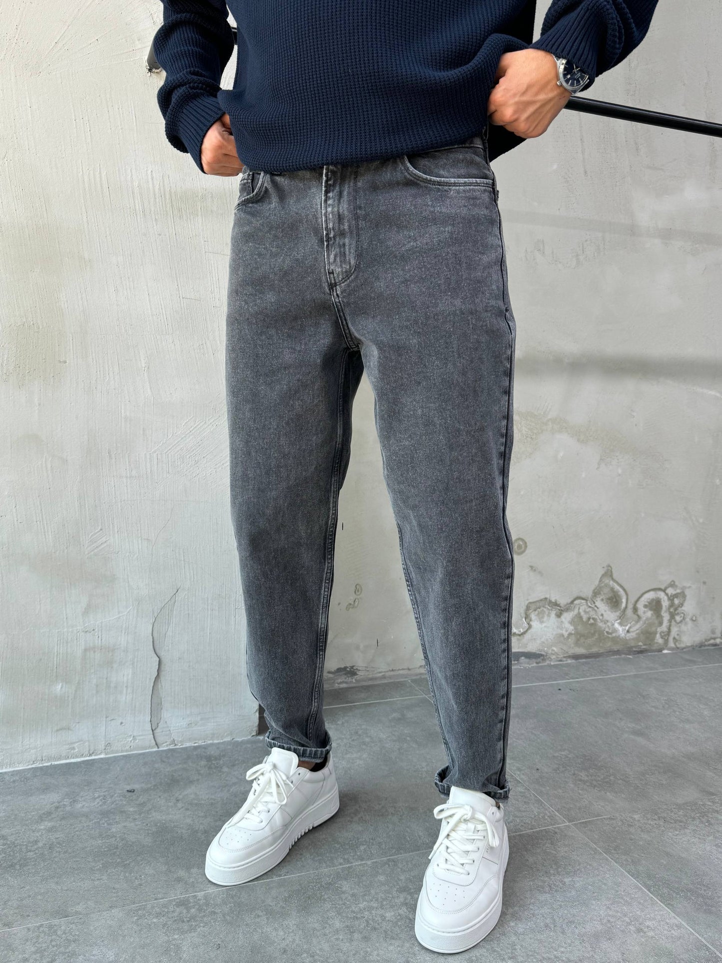 Erkek Koyu Gri Boyfriend Kot Pantolon