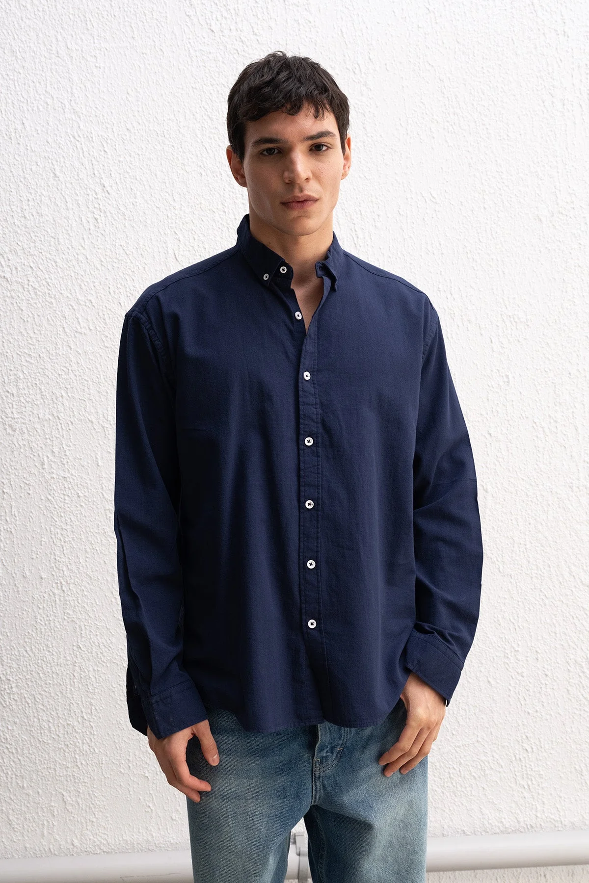 OVERSIZE FRESH KETEN LACİVERT GÖMLEK