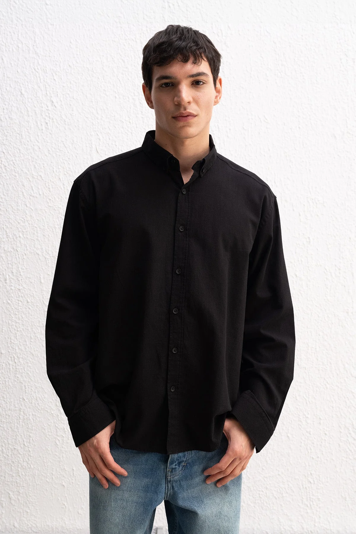 OVERSIZE FRESH KETEN SİYAH GÖMLEK