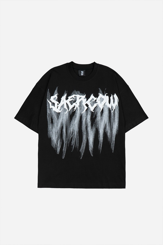 Saercow Baskılı Scribble Detay Premium Siyah Oversize Tişört