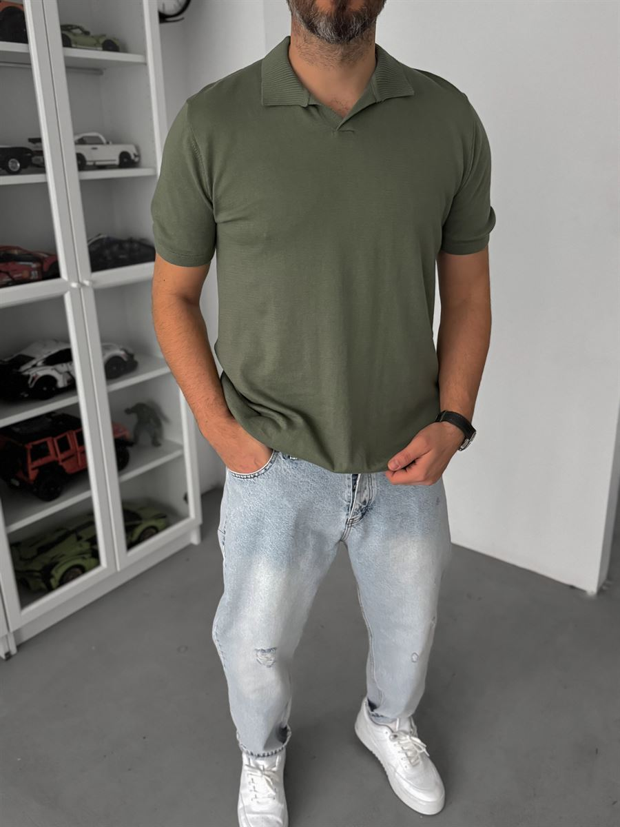 Basic Polo Yaka Triko T-Shirt Haki