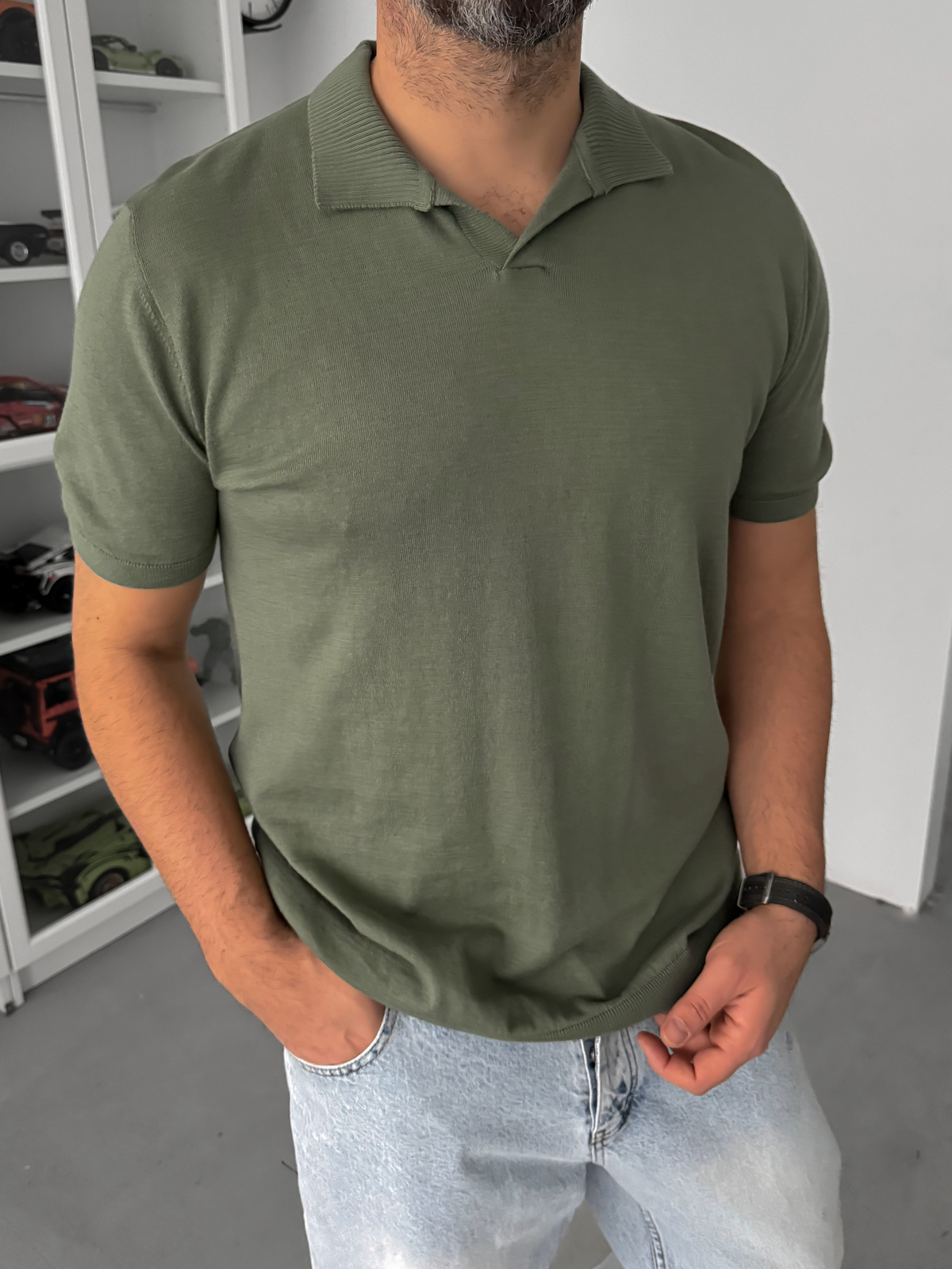 Basic Polo Yaka Triko T-Shirt Haki