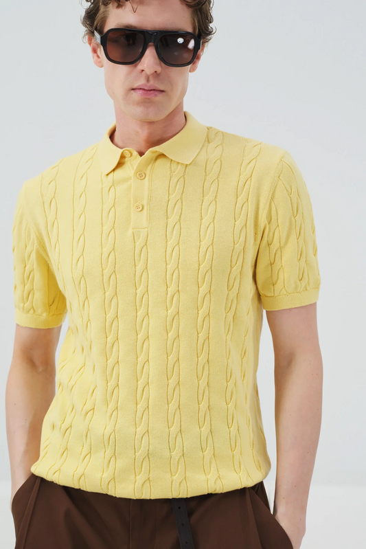 DOKULU ÖRGÜ DESENLİ SARI POLO YAKA TRİKO T-SHIRT