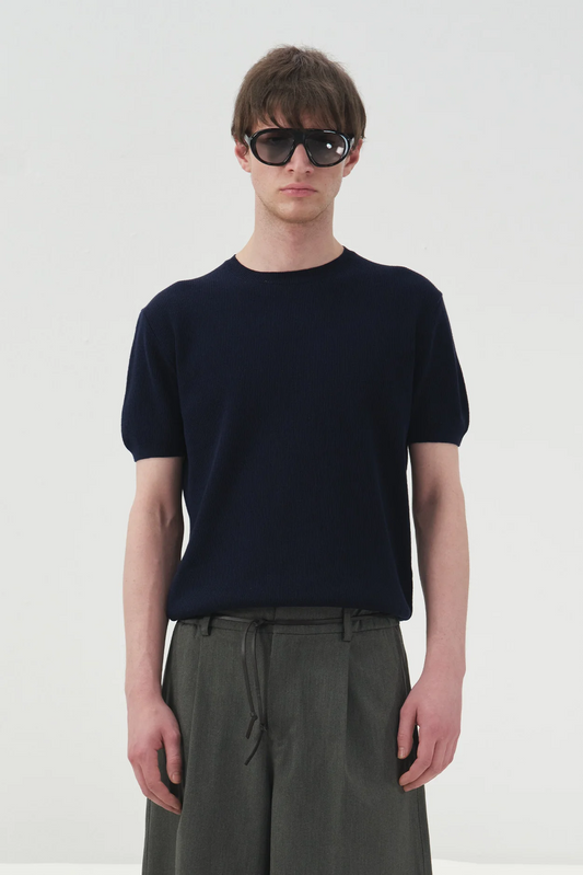 FİTİLLİ DOKULU LACİVERT TRİKO T-SHIRT
