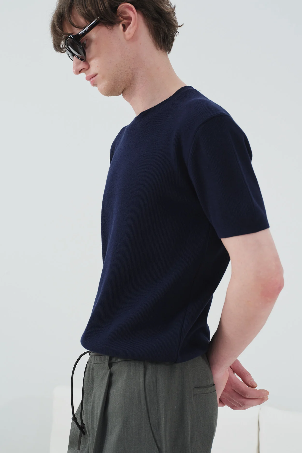 FİTİLLİ DOKULU LACİVERT TRİKO T-SHIRT
