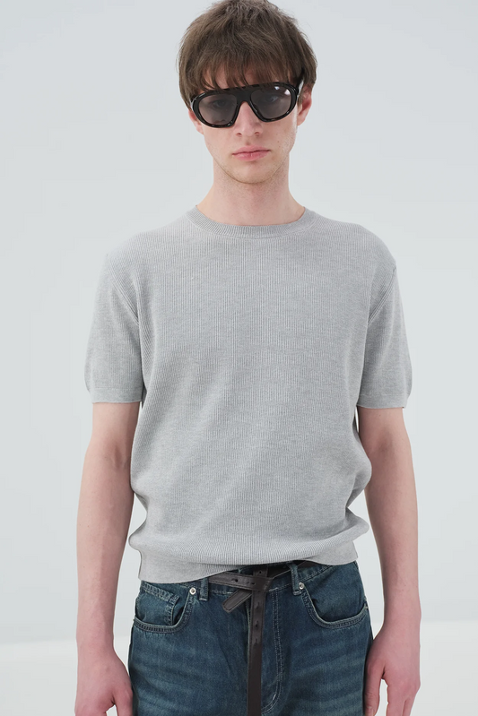 FİTİLLİ DOKULU GRİ TRİKO T-SHIRT