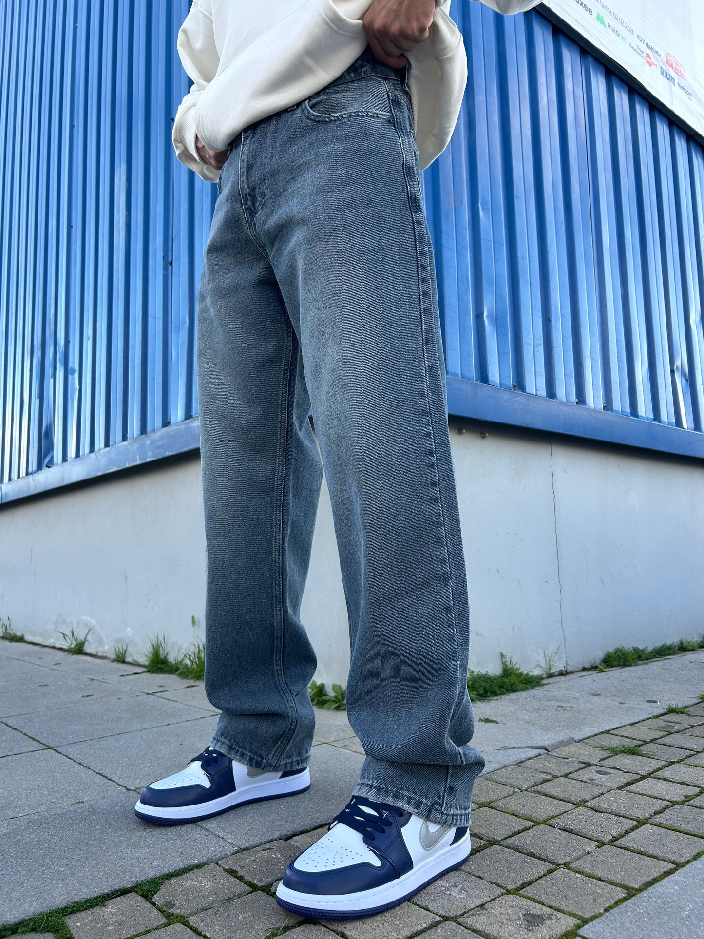 Gri Taşlamalı Baggy Fit Jean
