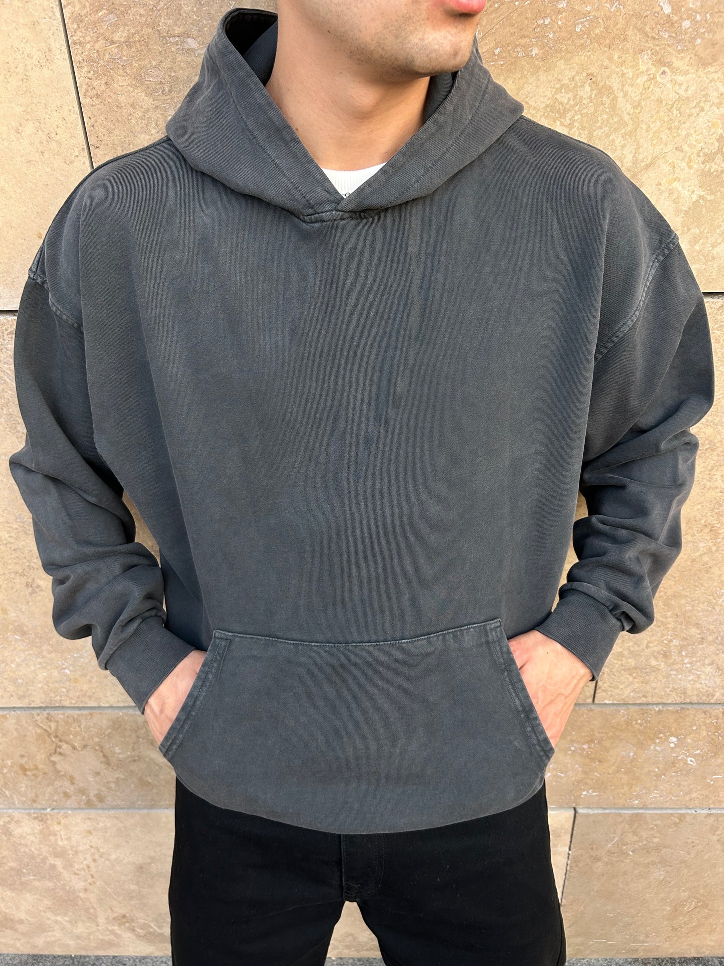 Koyu Gri Yıkamalı Kapüşonlu Oversize Sweatshirt