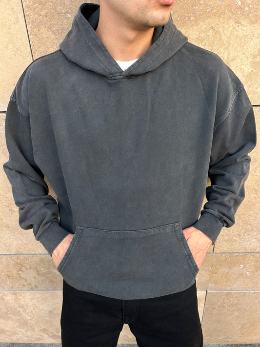 Koyu Gri Yıkamalı Kapüşonlu Oversize Sweatshirt