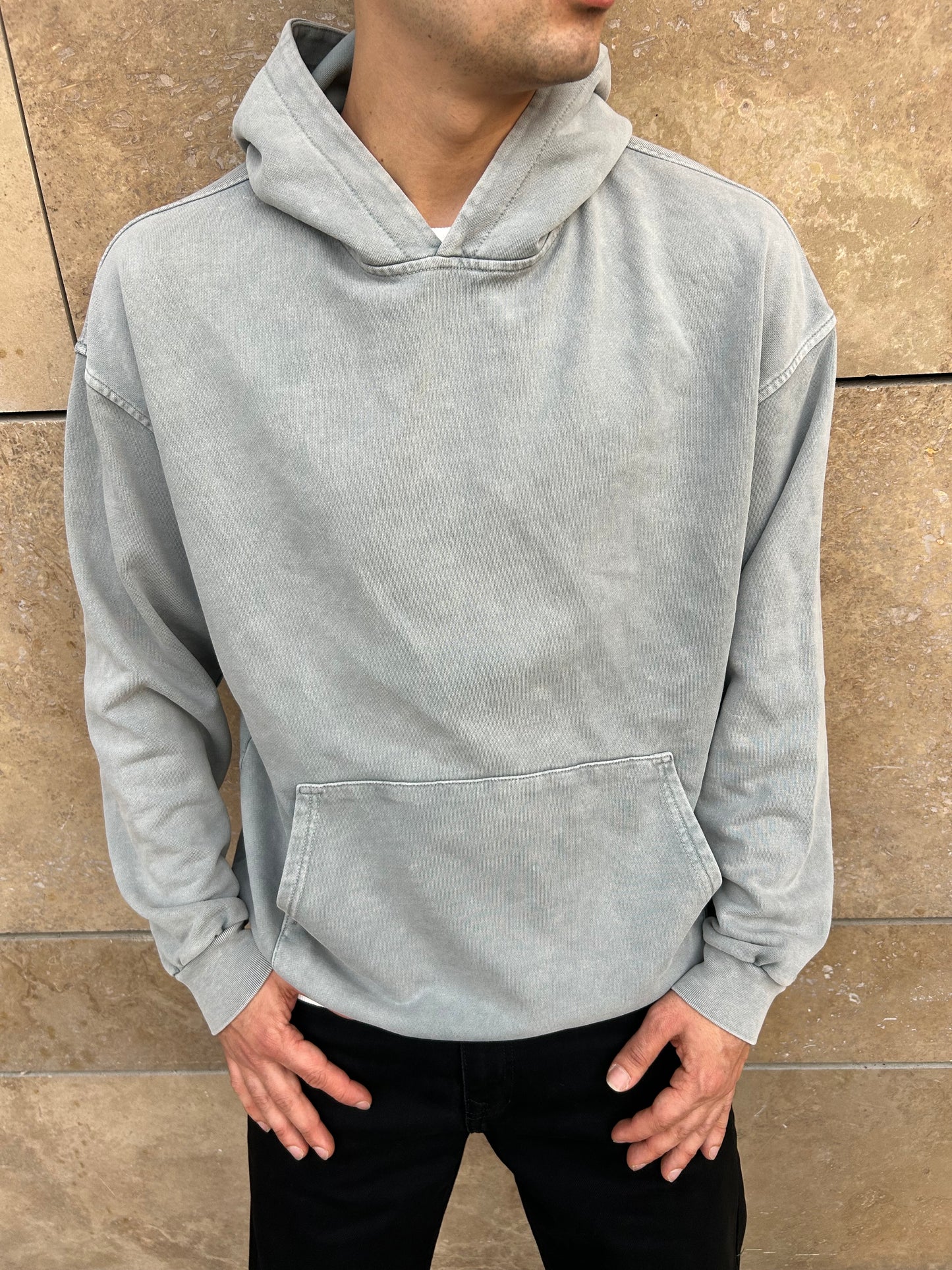 Açık Gri Yıkamalı Kapüşonlu Oversize Sweatshirt