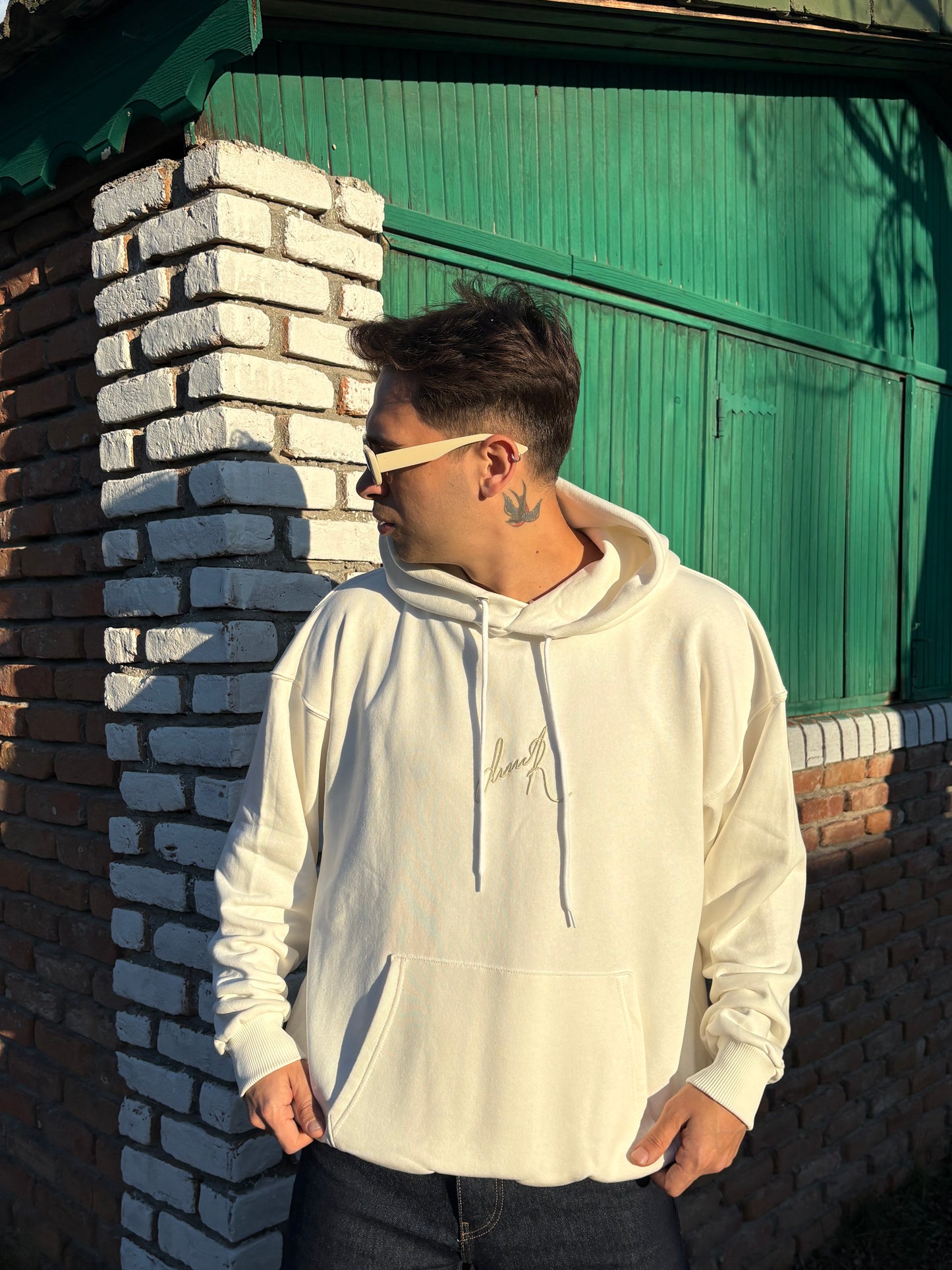 Beyaz Unisex Baskılı Oversize Hoodie