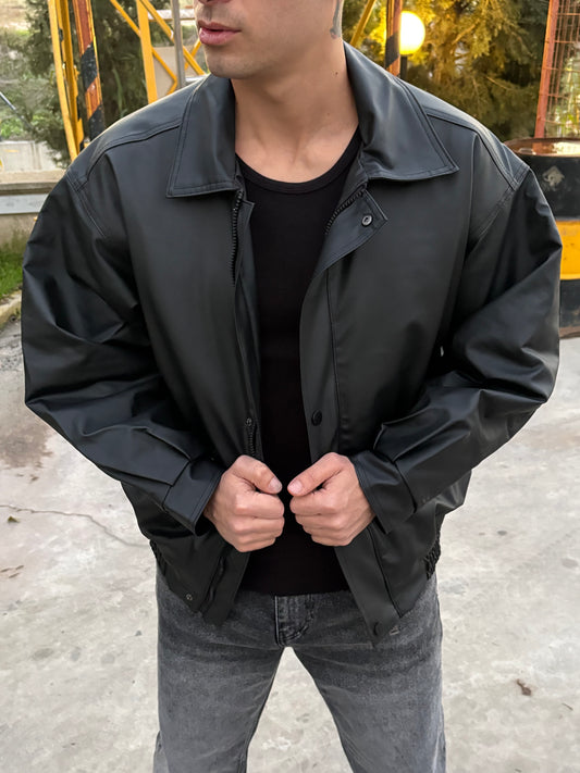 Siyah Düğme Detaylı Bomber Deri Ceket