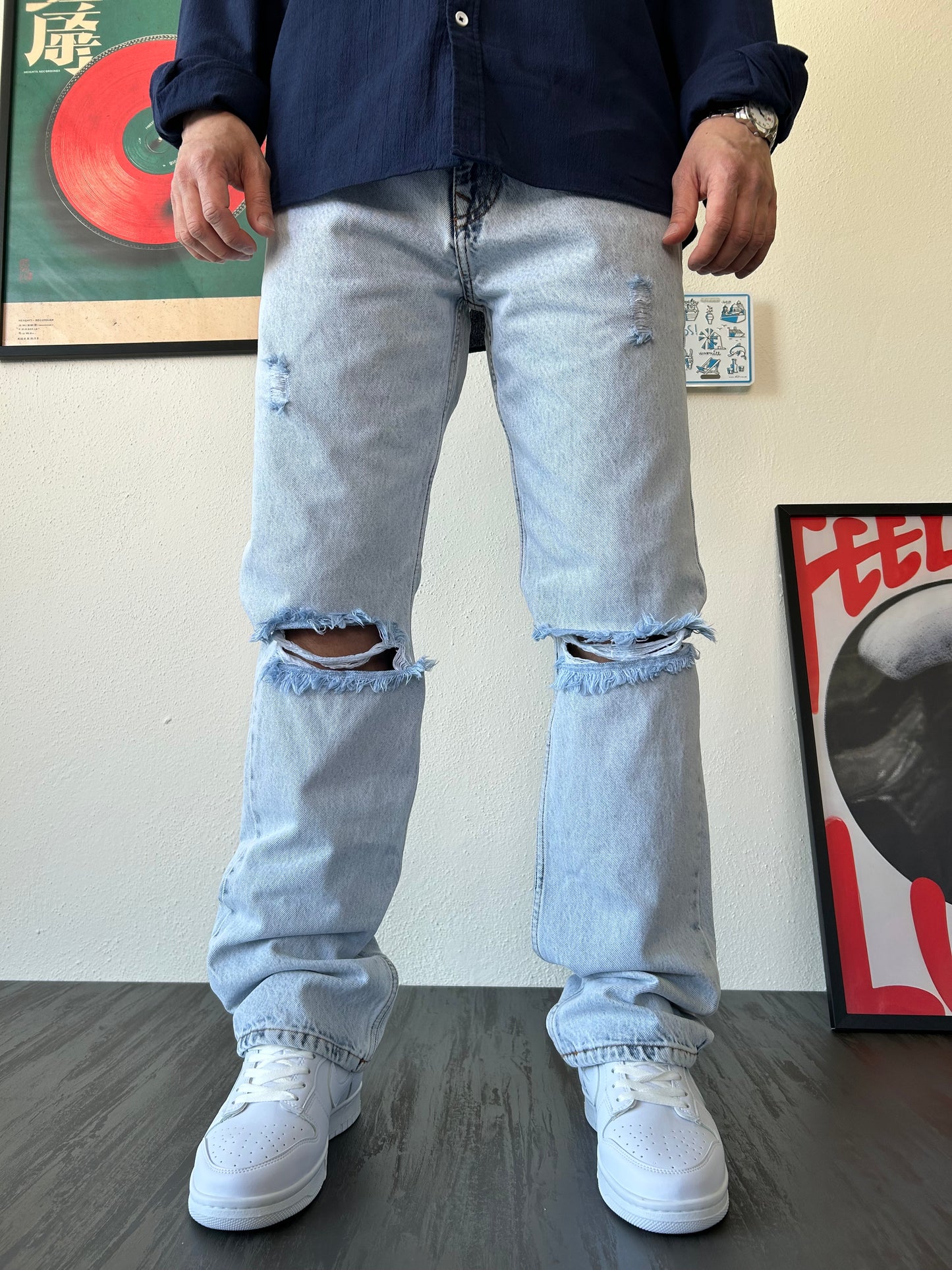 Buz Mavisi Dizi Yırtık Baggy Jean