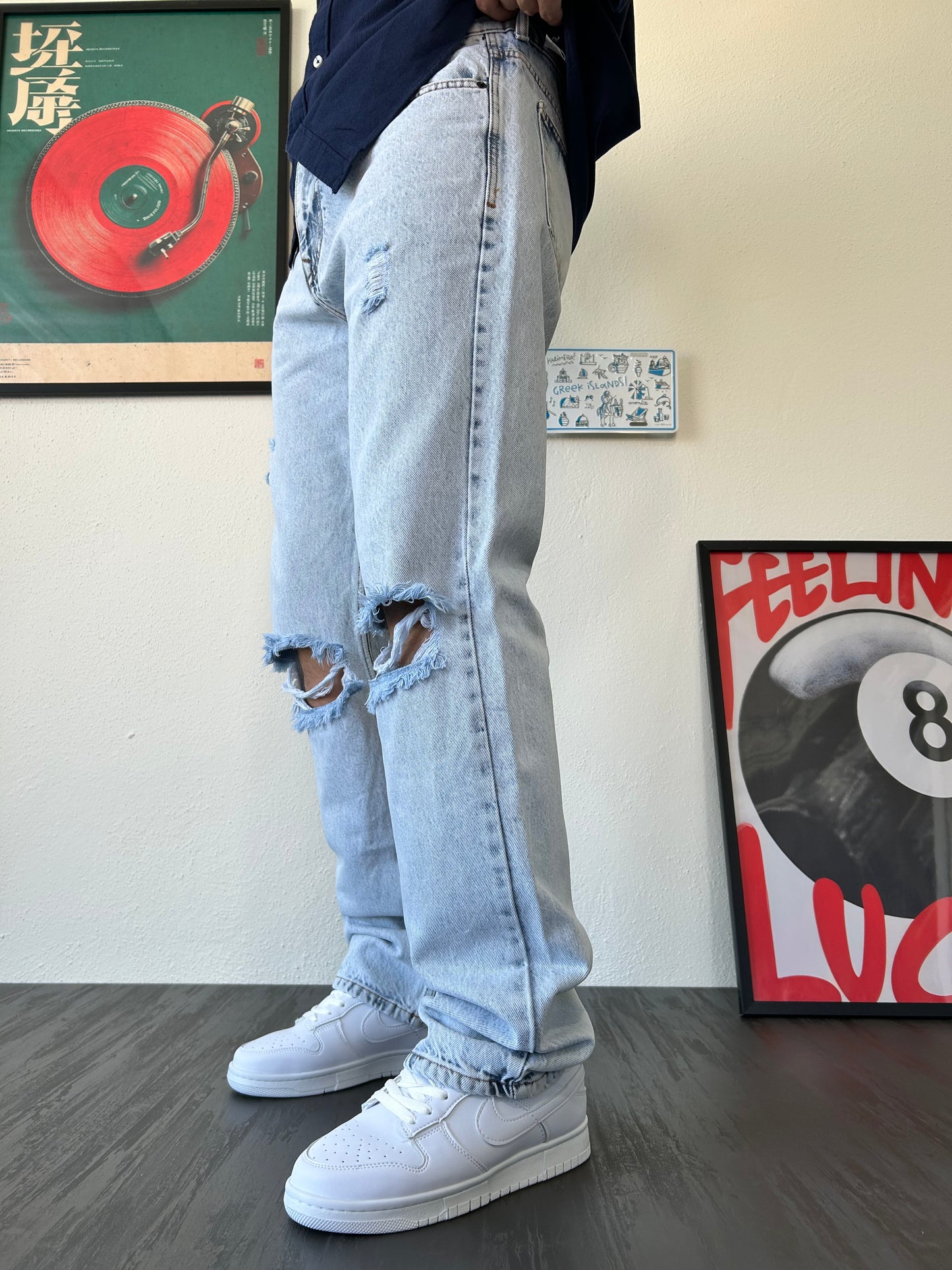 Buz Mavisi Dizi Yırtık Baggy Jean