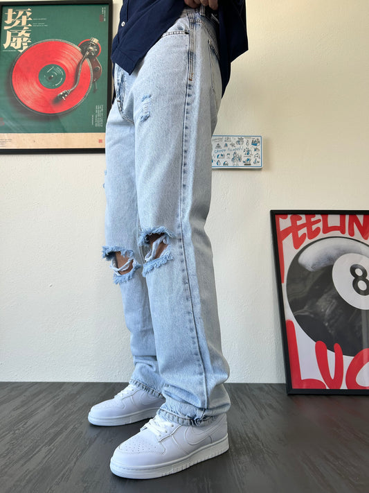 Buz Mavisi Dizi Yırtık Baggy Jean