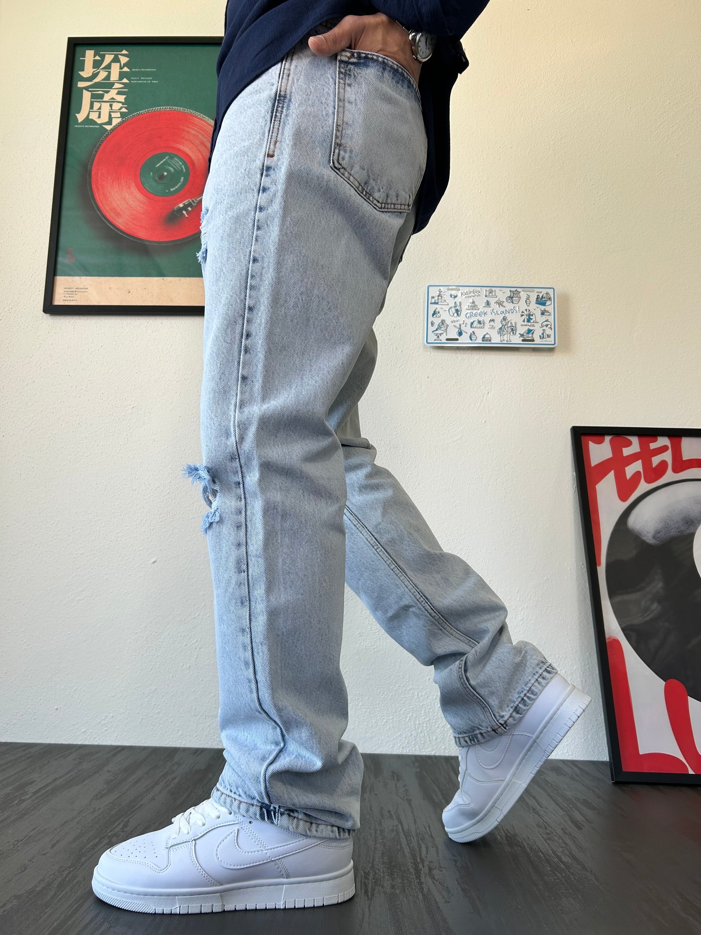 Buz Mavisi Dizi Yırtık Baggy Jean