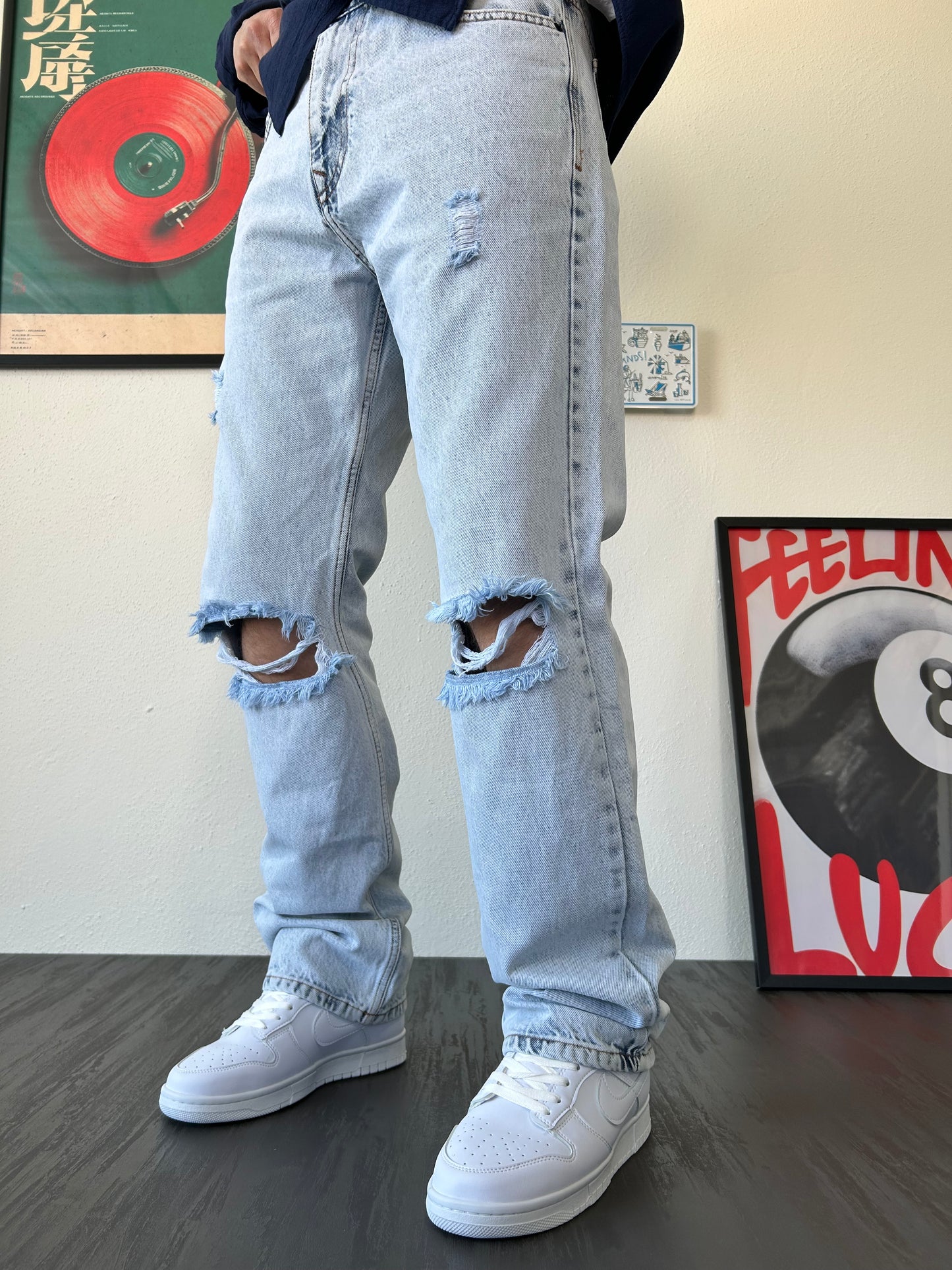Buz Mavisi Dizi Yırtık Baggy Jean