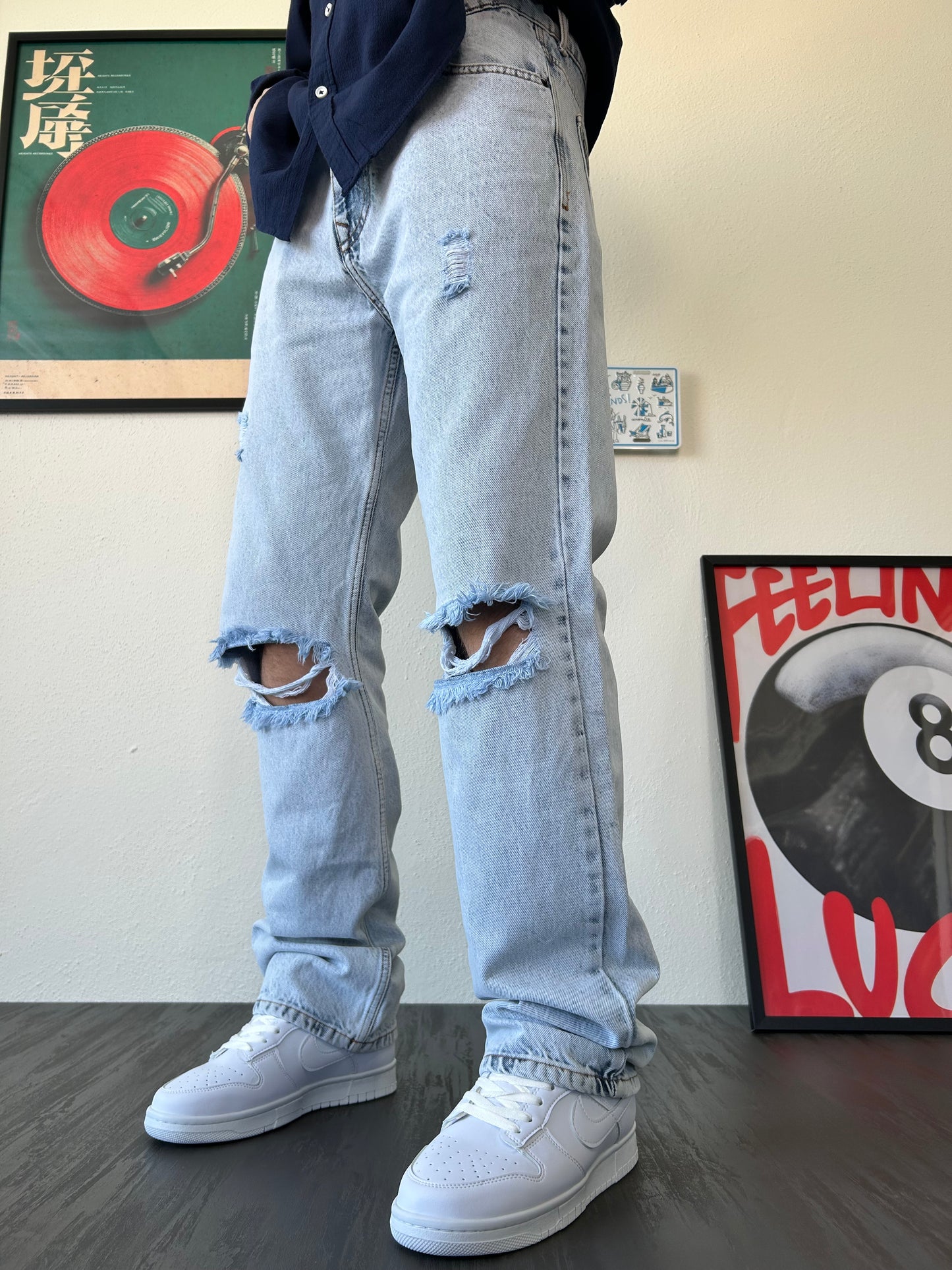 Buz Mavisi Dizi Yırtık Baggy Jean