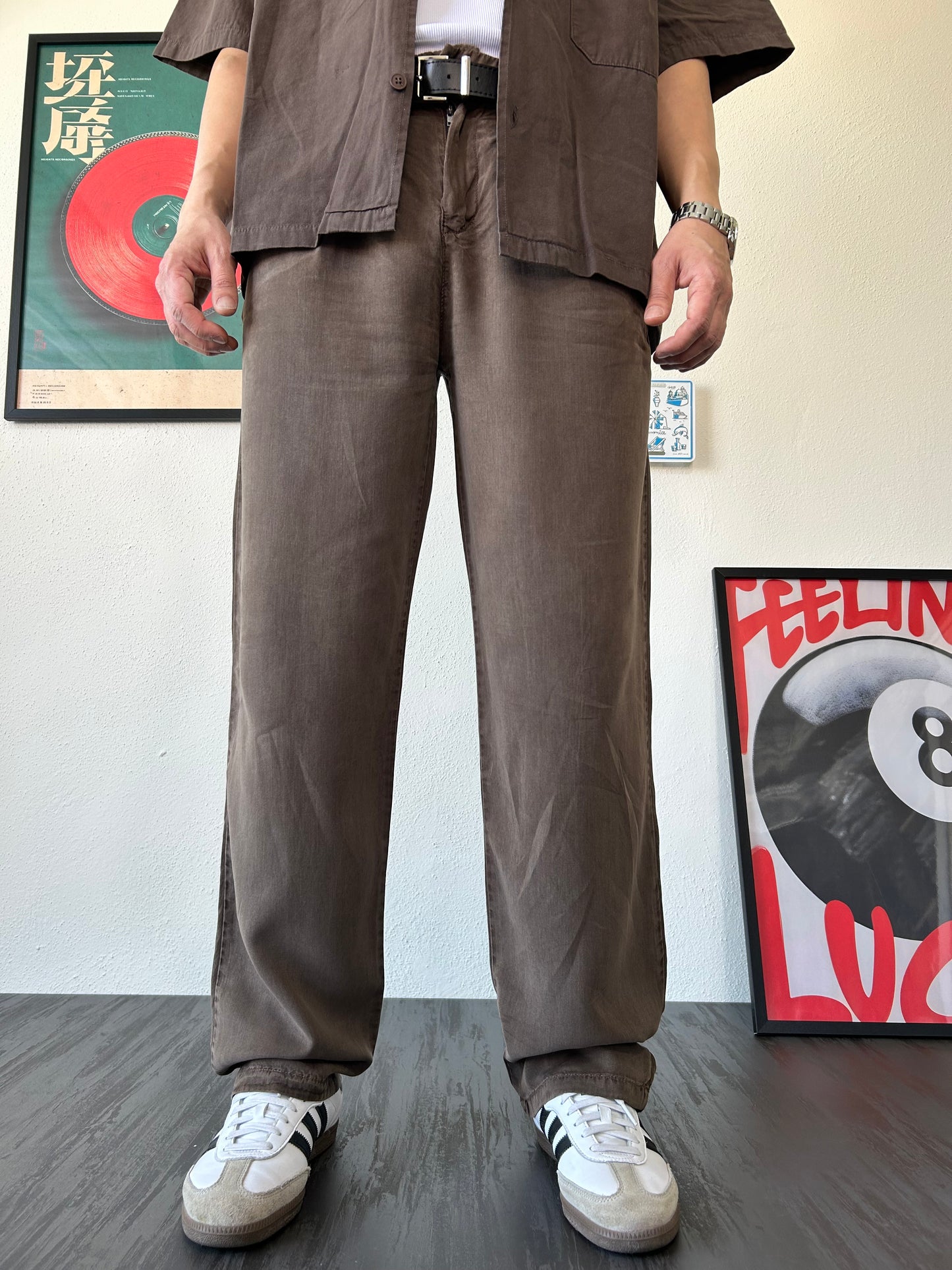Vintage Pileli Kahverengi Kumaş Pantolon