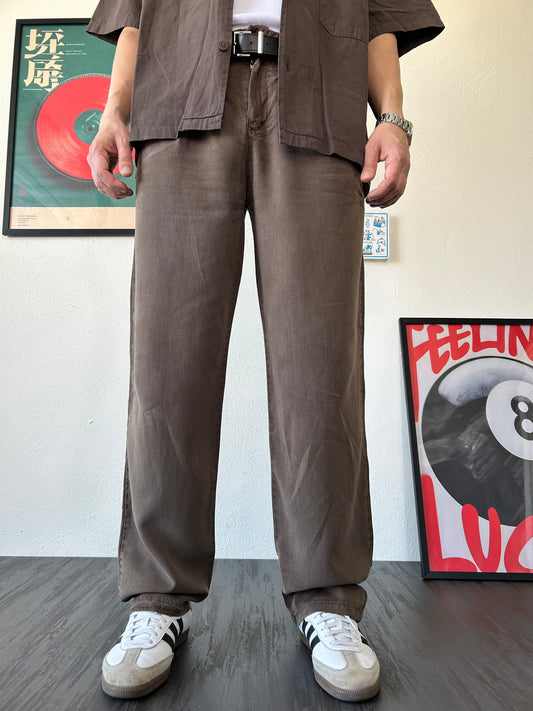 Vintage Pileli Kahverengi Kumaş Pantolon