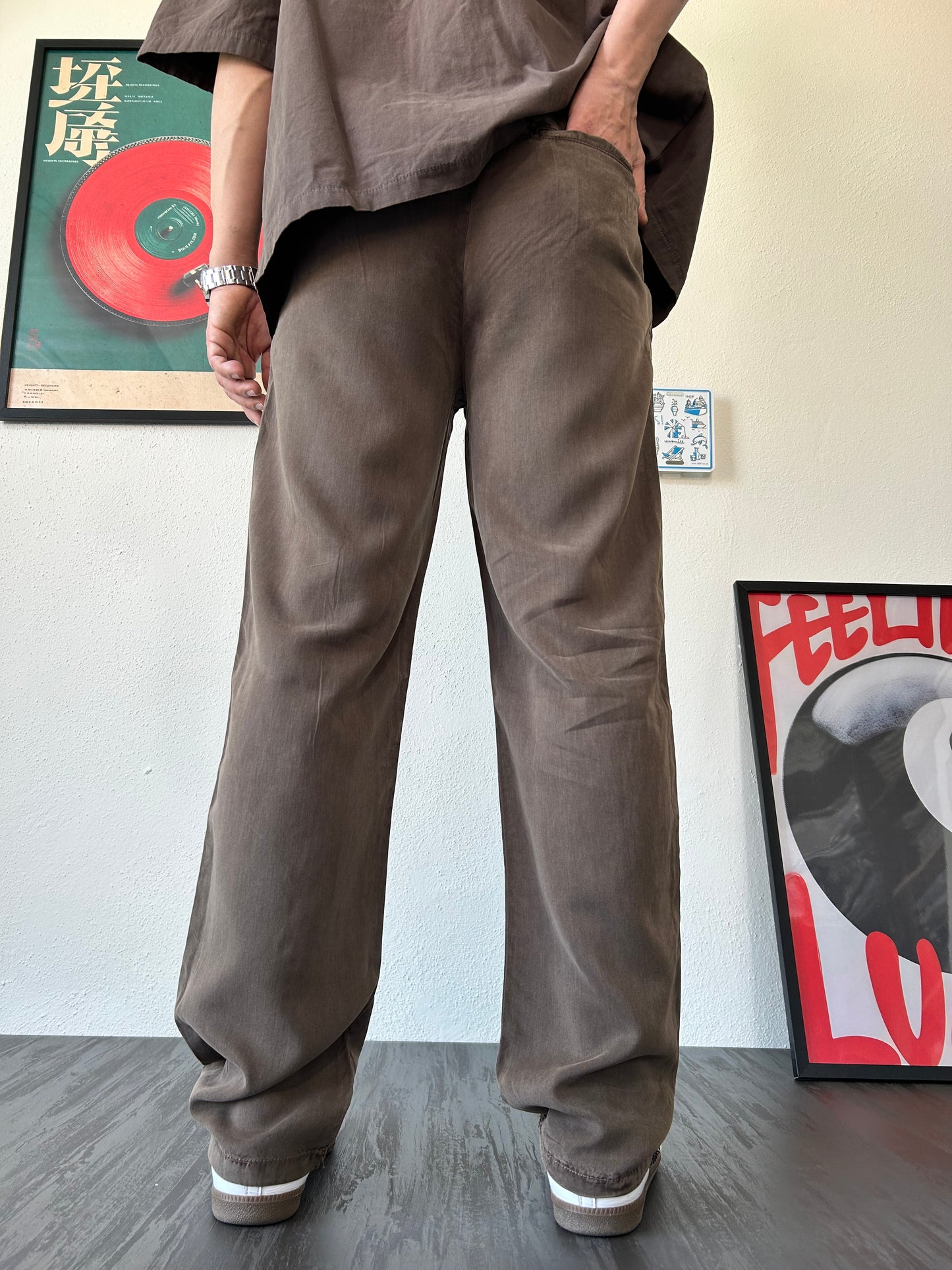 Vintage Pileli Kahverengi Kumaş Pantolon