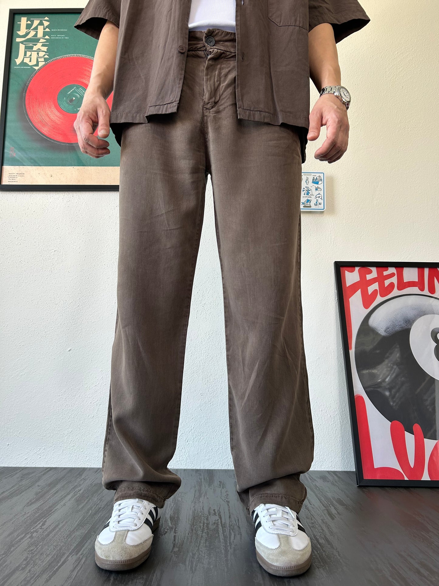Vintage Pileli Kahverengi Kumaş Pantolon
