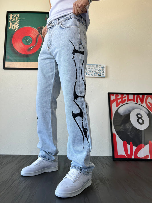 Tribal Baskılı Buz Mavi Baggy Jean