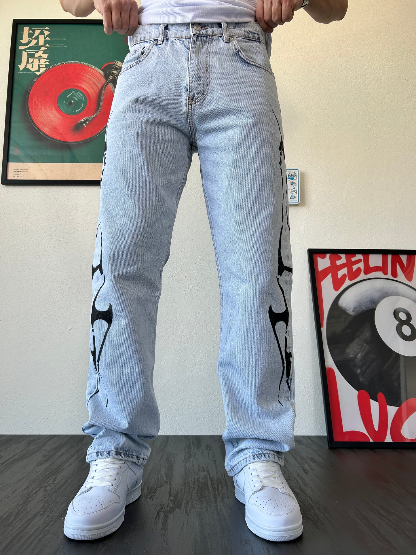 Tribal Baskılı Buz Mavi Baggy Jean