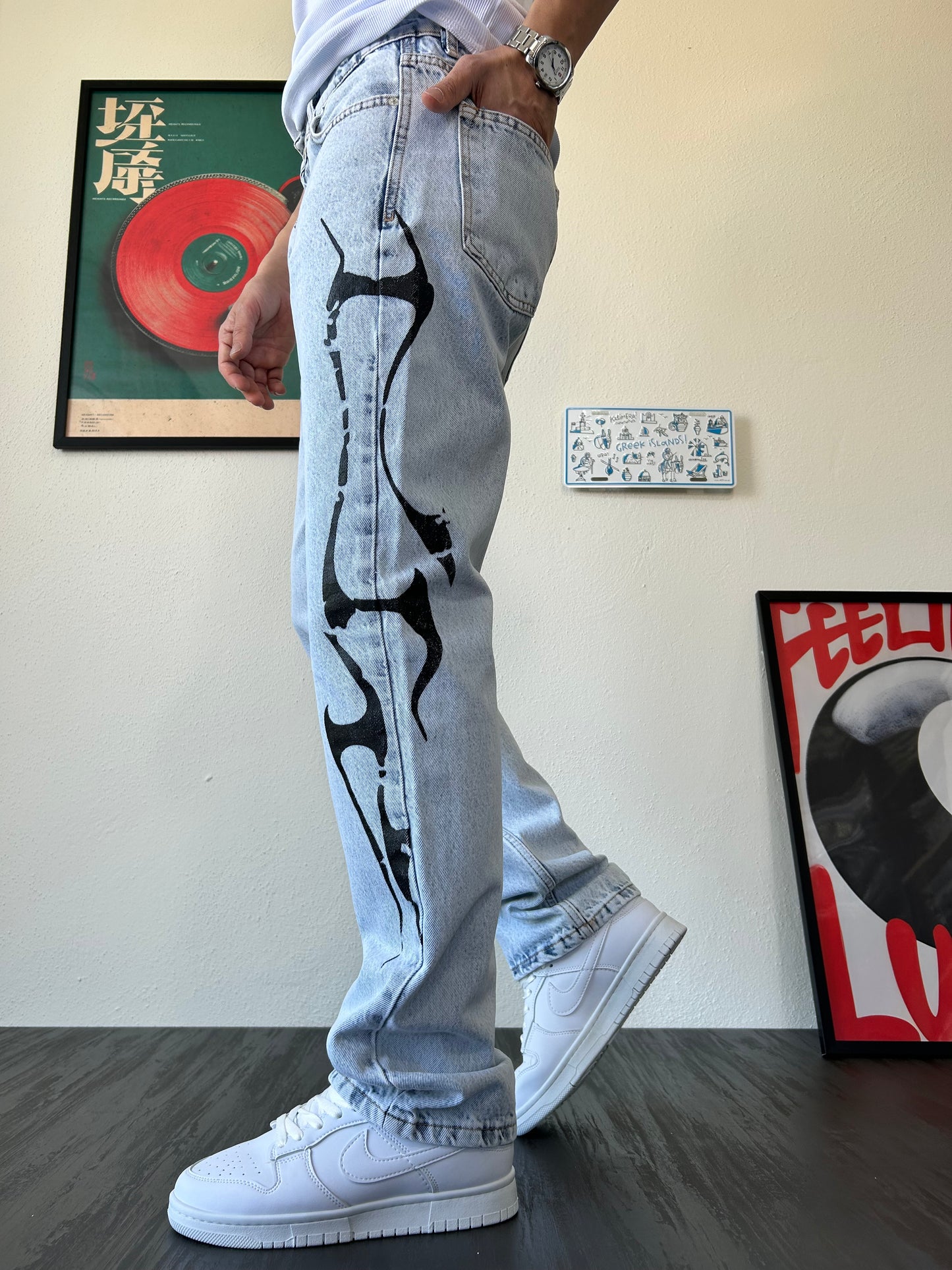Tribal Baskılı Buz Mavi Baggy Jean