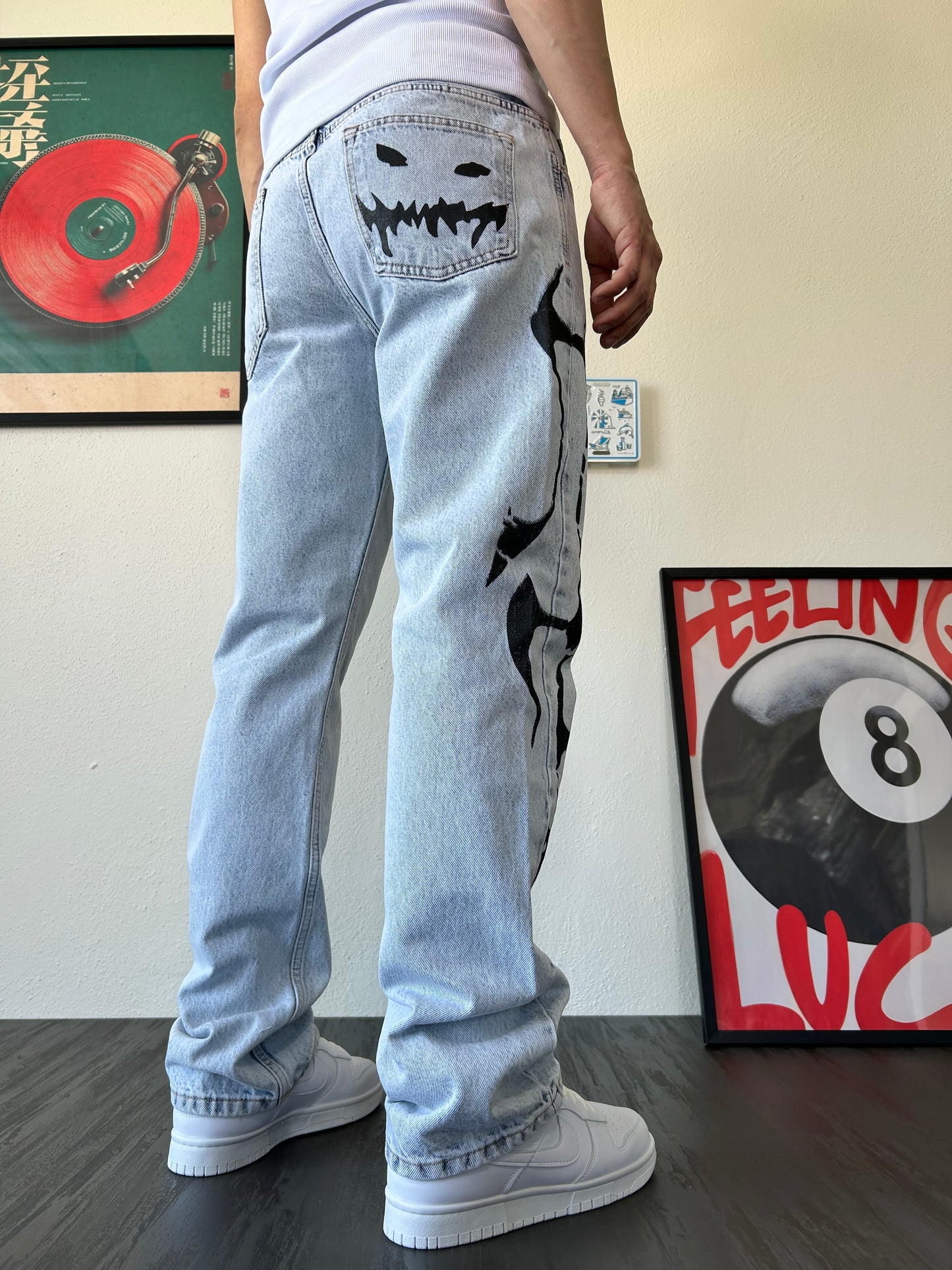 Tribal Baskılı Buz Mavi Baggy Jean