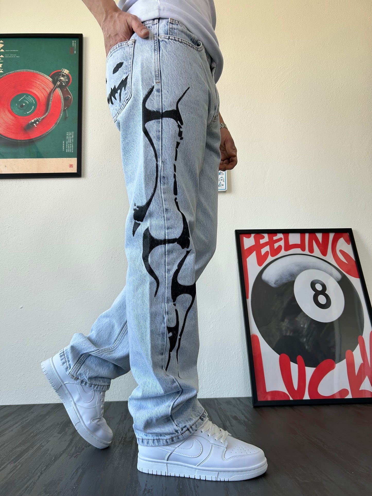 Tribal Baskılı Buz Mavi Baggy Jean