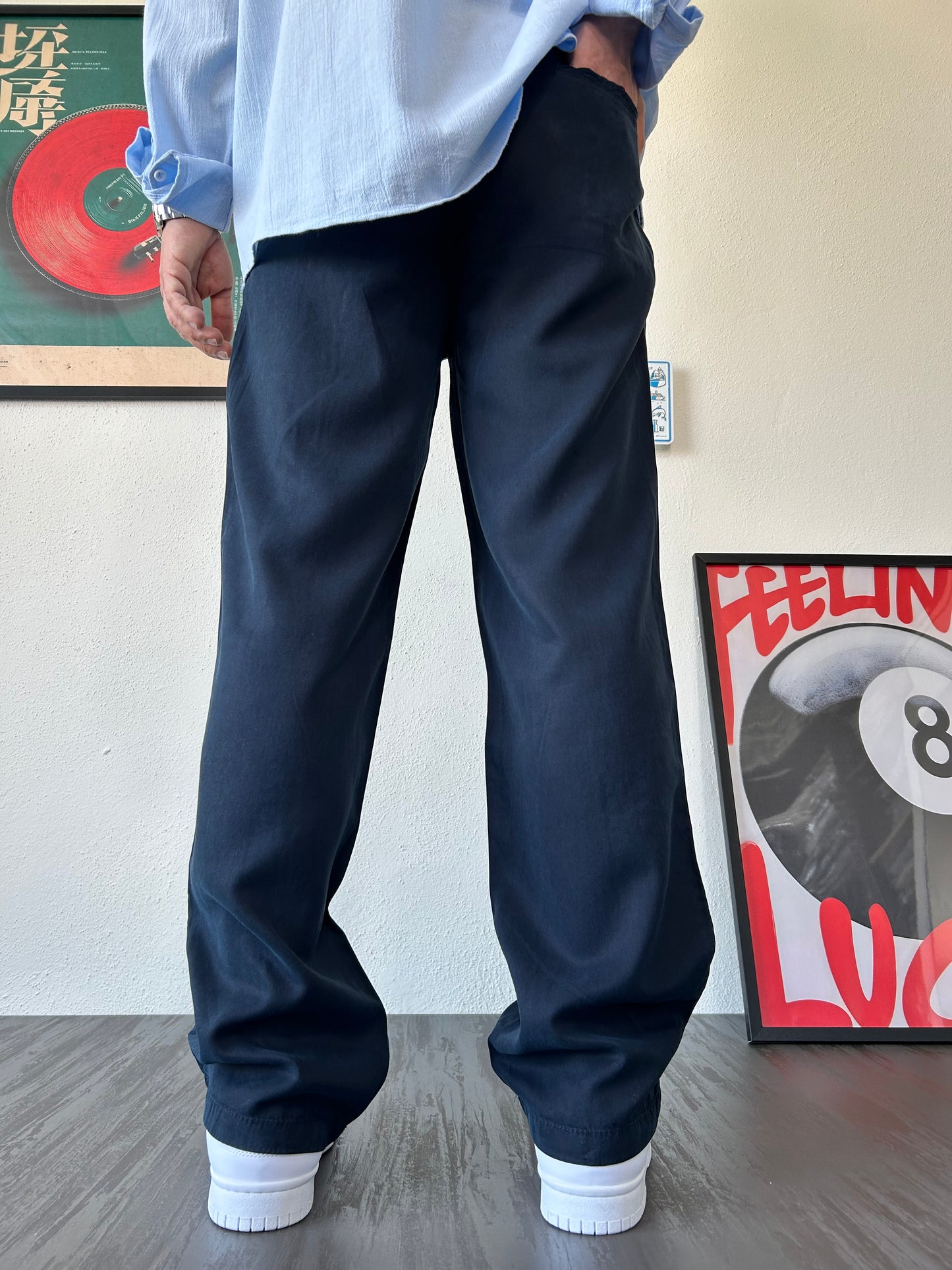 Vintage Pileli Lacivert Kumaş Pantolon