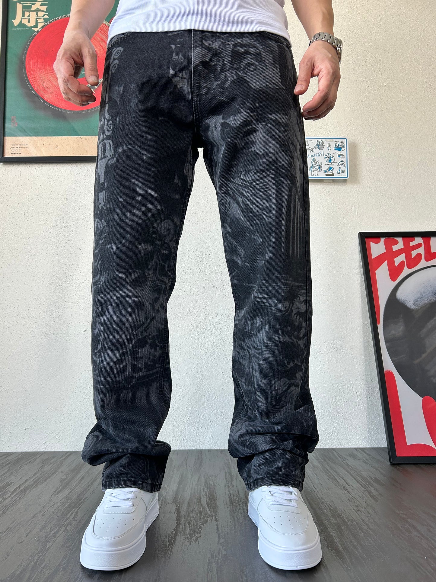 Shadow Tiger Full Desenli Siyah Loose Fit Jean