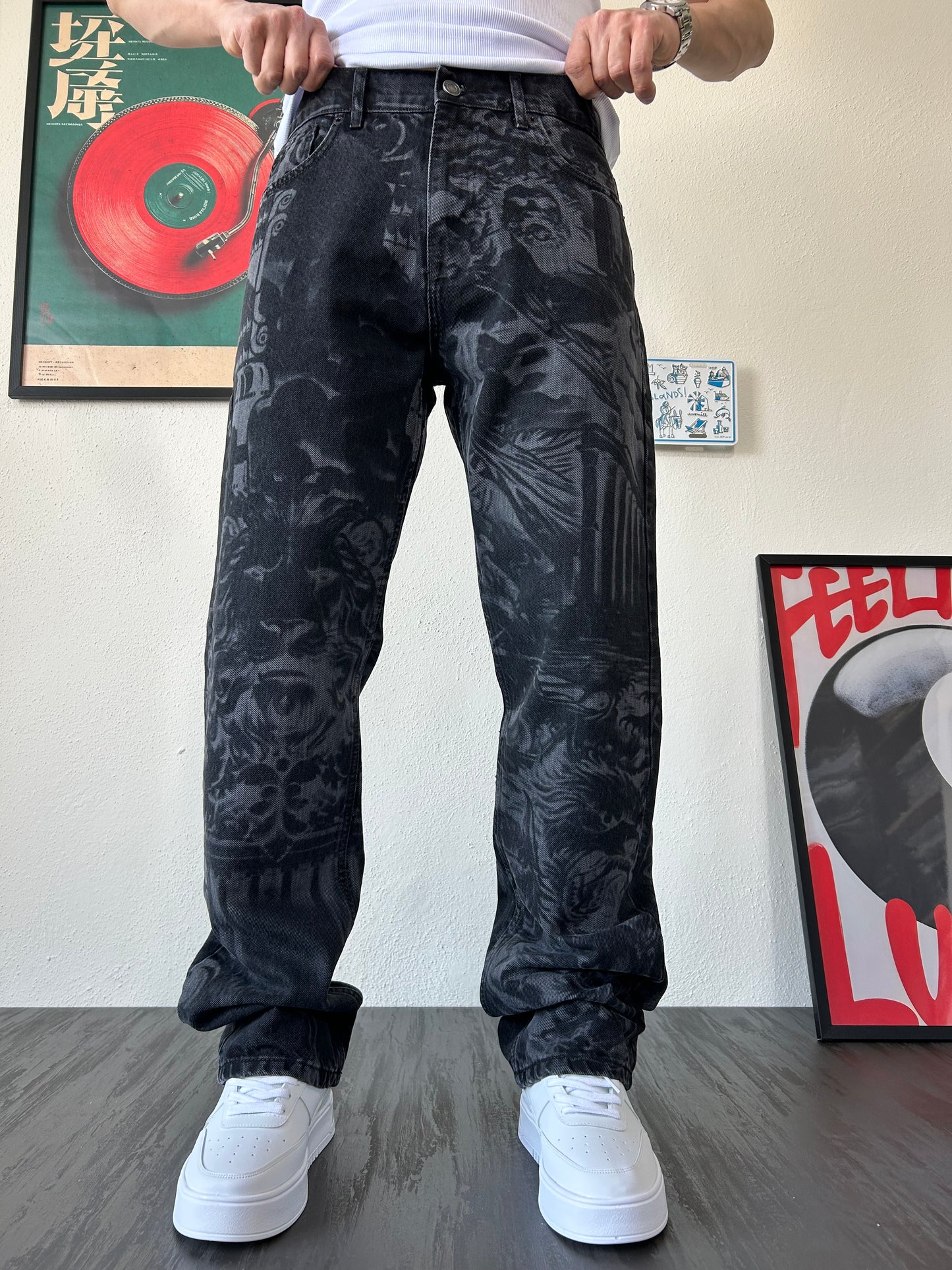 Shadow Tiger Full Desenli Siyah Loose Fit Jean