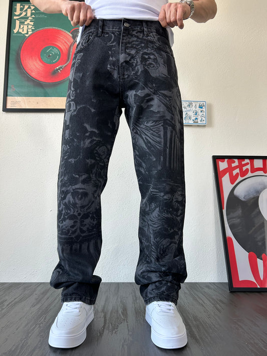 Shadow Tiger Full Desenli Siyah Loose Fit Jean