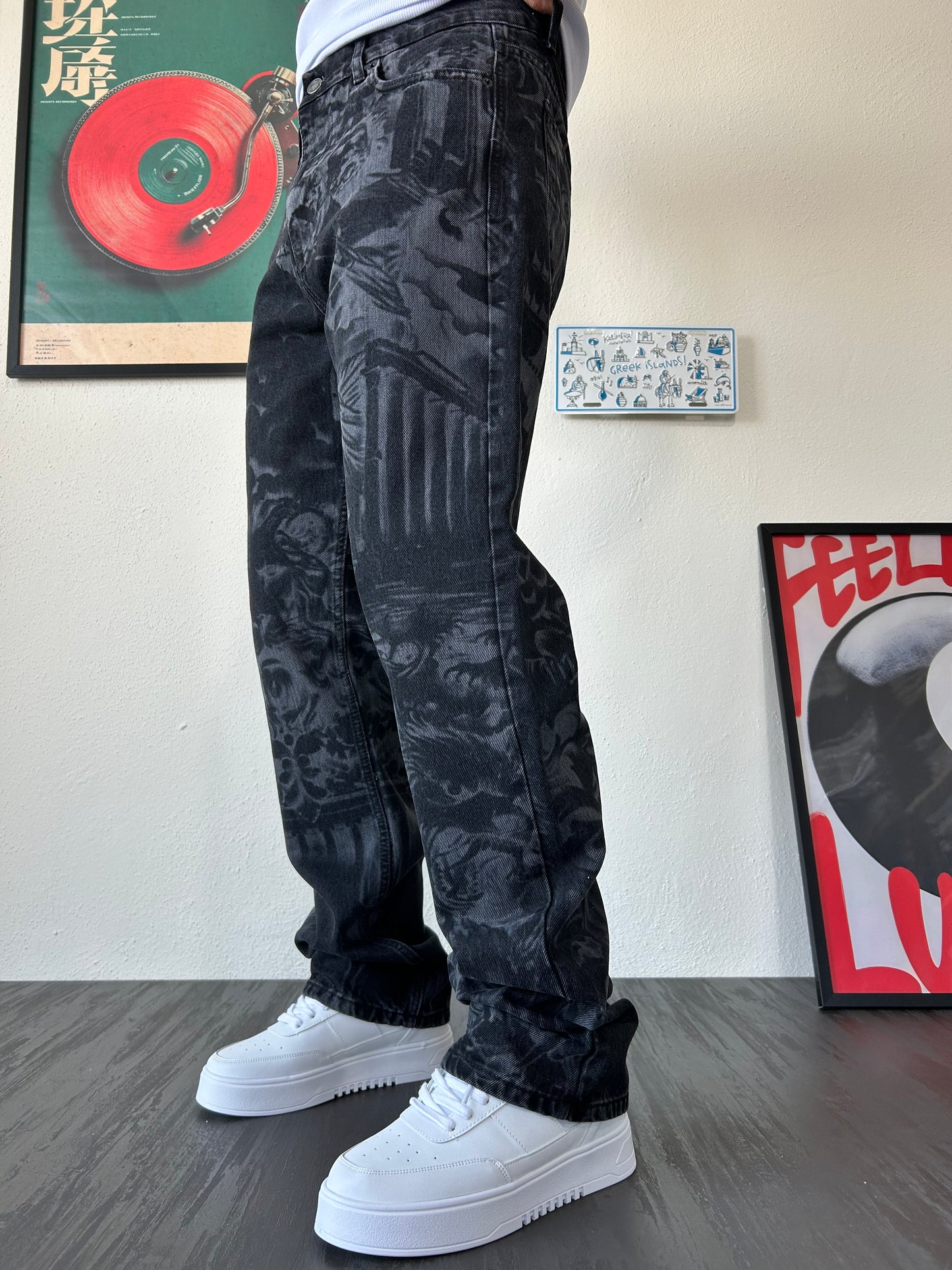 Shadow Tiger Full Desenli Siyah Loose Fit Jean