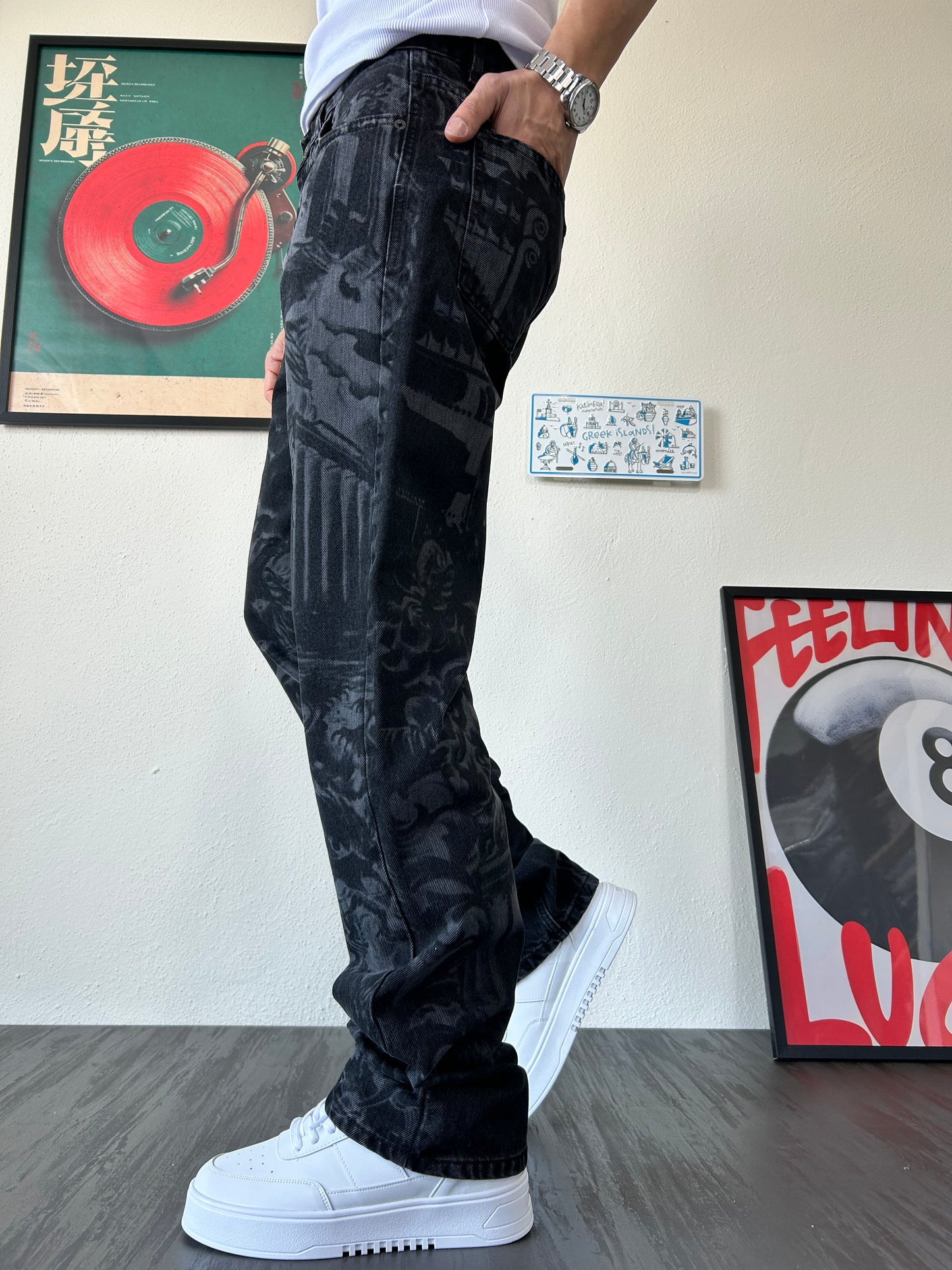 Shadow Tiger Full Desenli Siyah Loose Fit Jean