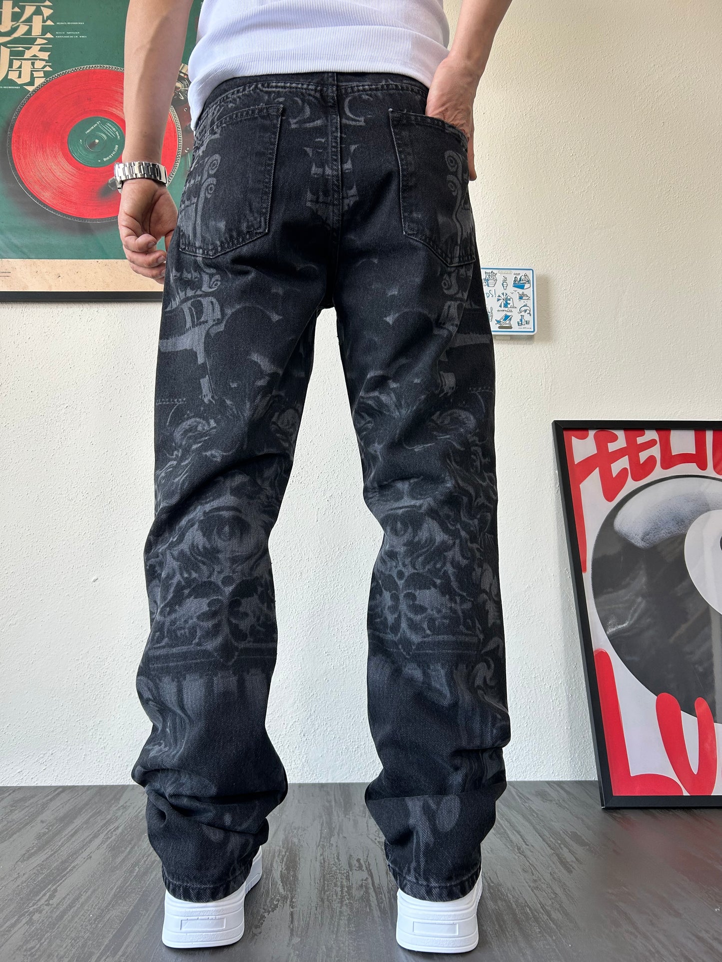 Shadow Tiger Full Desenli Siyah Loose Fit Jean